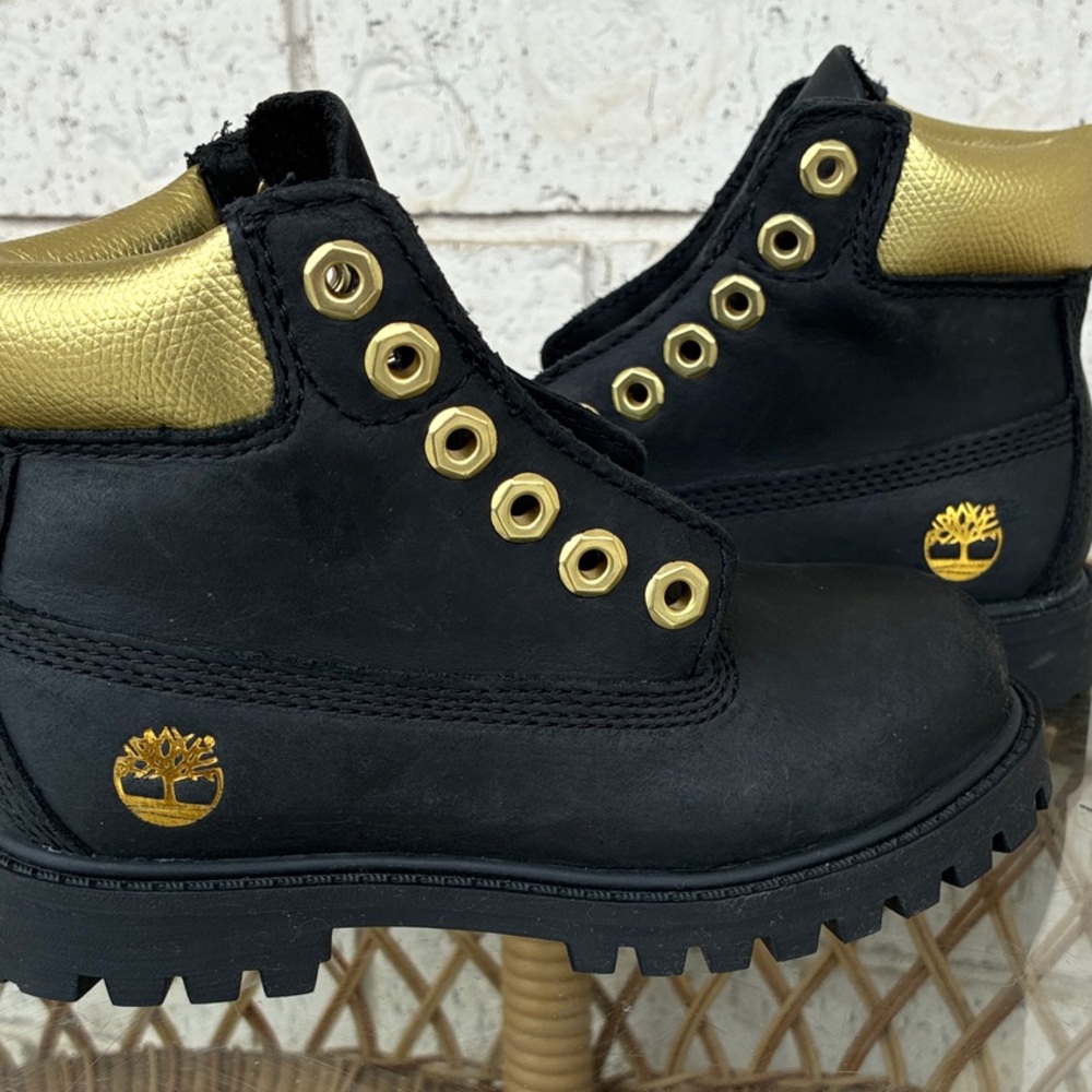 Timberland Black and Gold Kids Lace-Up Boots